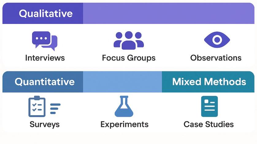 Icon set displaying common research methods including surveys, interviews, focus groups, experiments and case studies.